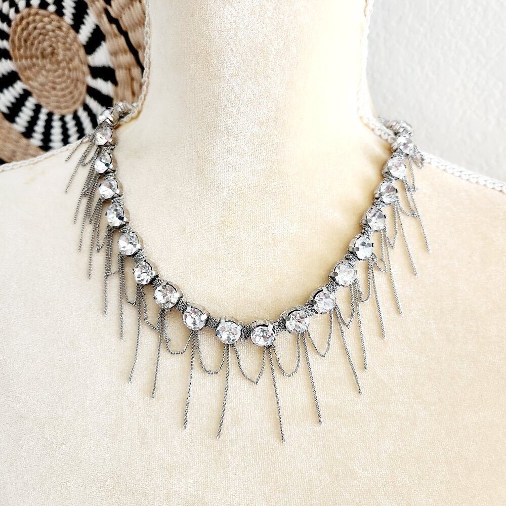 Bebe Sparkly Clear Rhinestone Drippy Crystal Statement Draped Chain Necklace